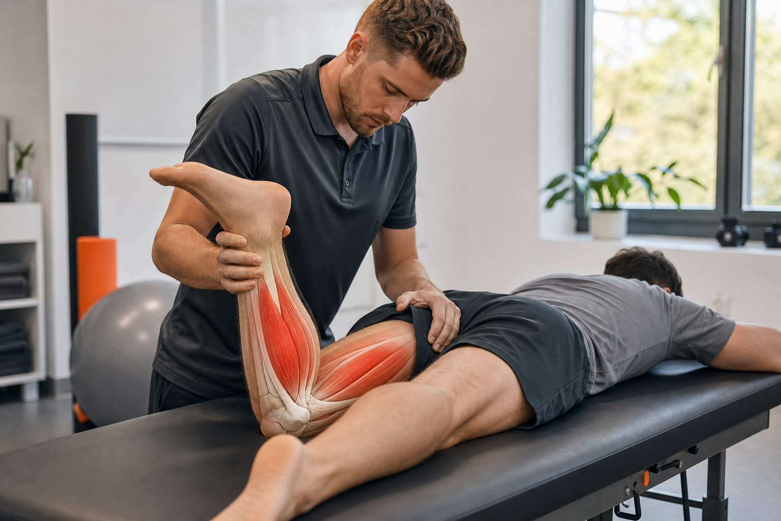 A physiotherapist assessing a patient’s hamstring strain, showing anatomy overlay, realistic style, alt="physiotherapist