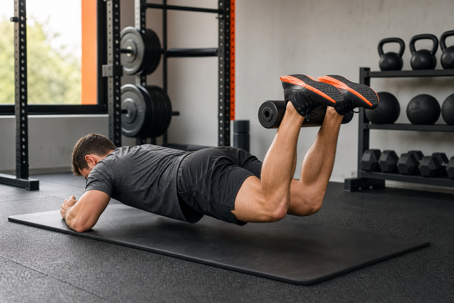 An athlete performing an eccentric hamstring curl on a mat, realistic style, alt="eccentric hamstring curl exercise"
