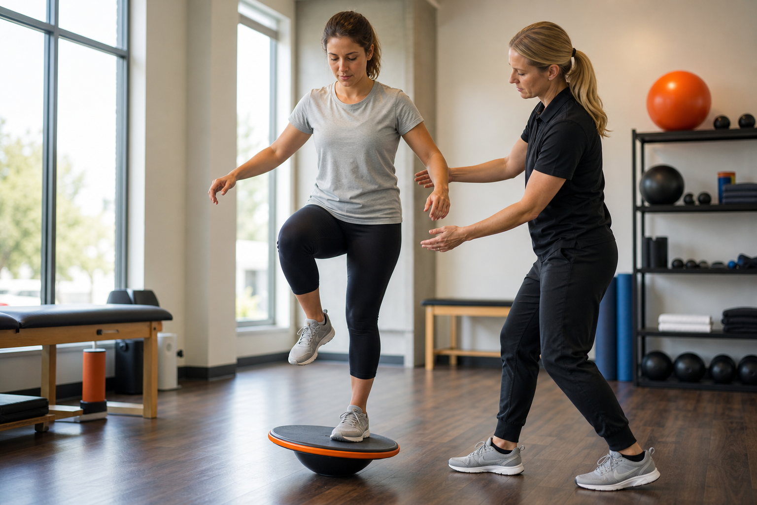 single‑leg wobble board balance exercise