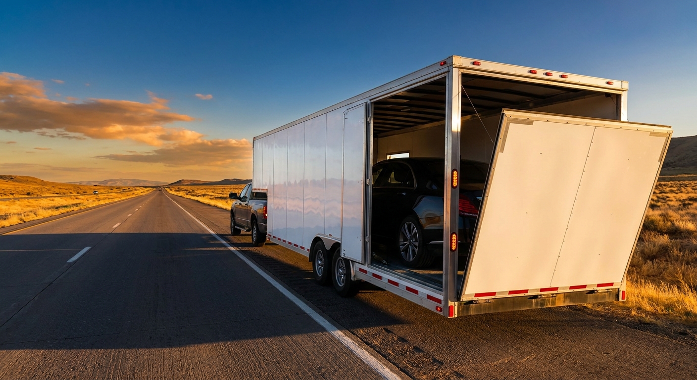 enclosed auto transport trailer with luxury vehicle loaded for premium shipping service.