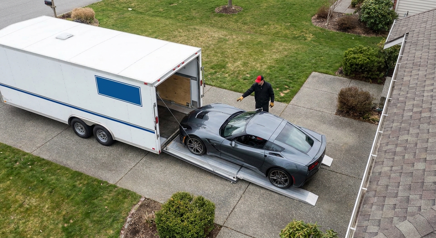 ship a car direct enclosed transport loading a sports car at residential pickup location.