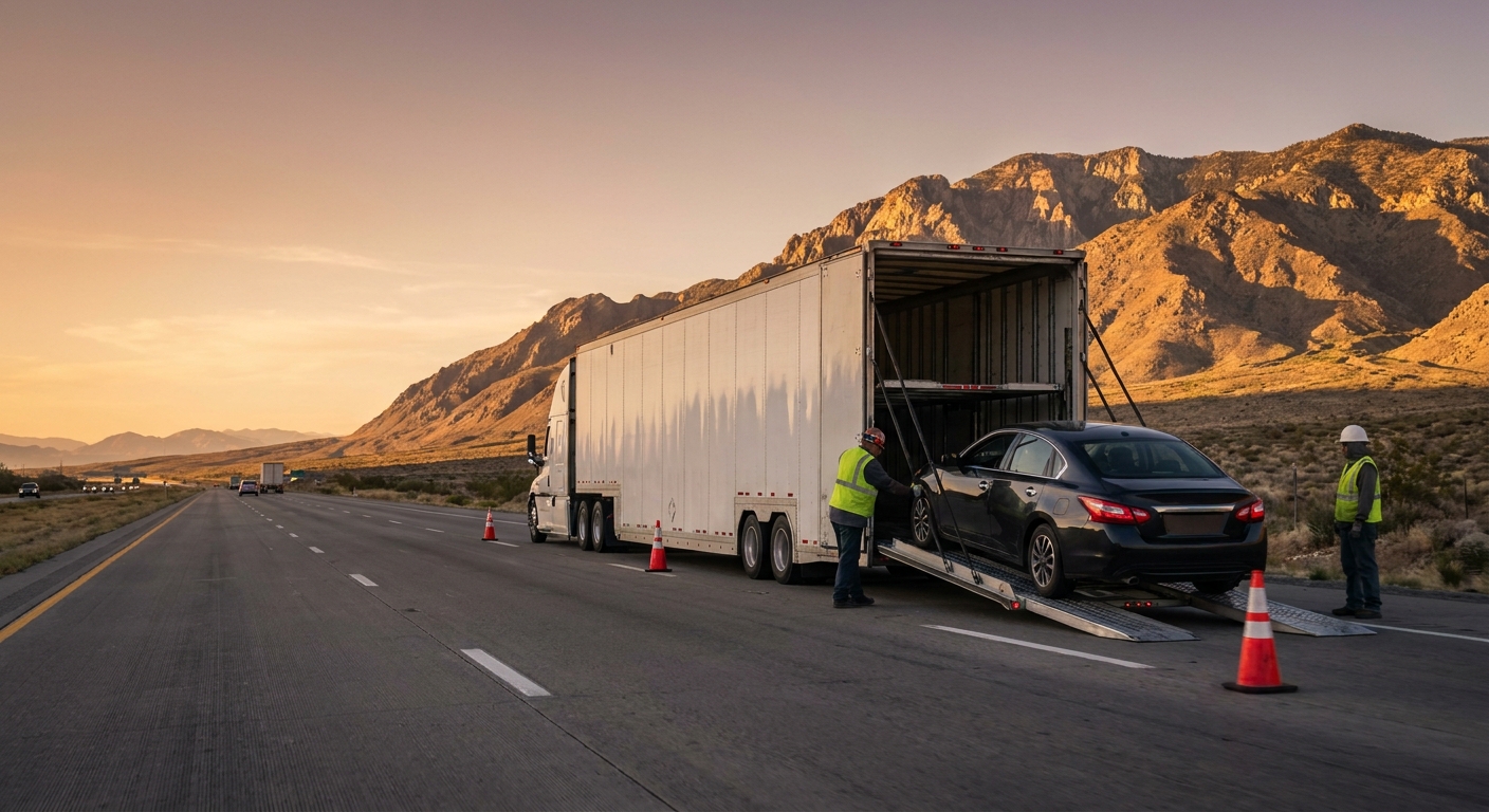 enclosed car transport trailer being loaded on a US highway for nationwide shipping.