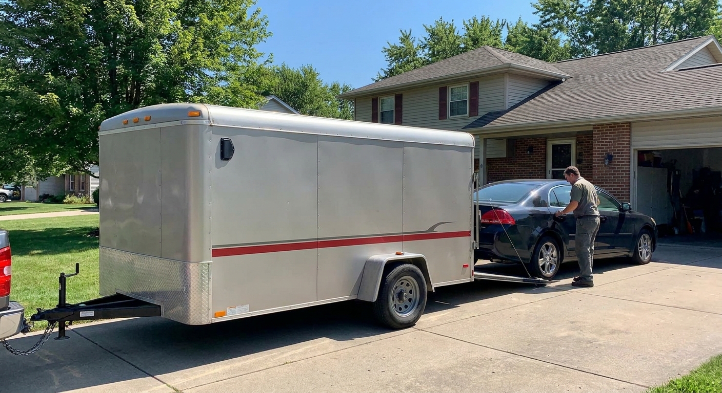 budget enclosed car transport trailer loading a sedan in a residential neighborhood.