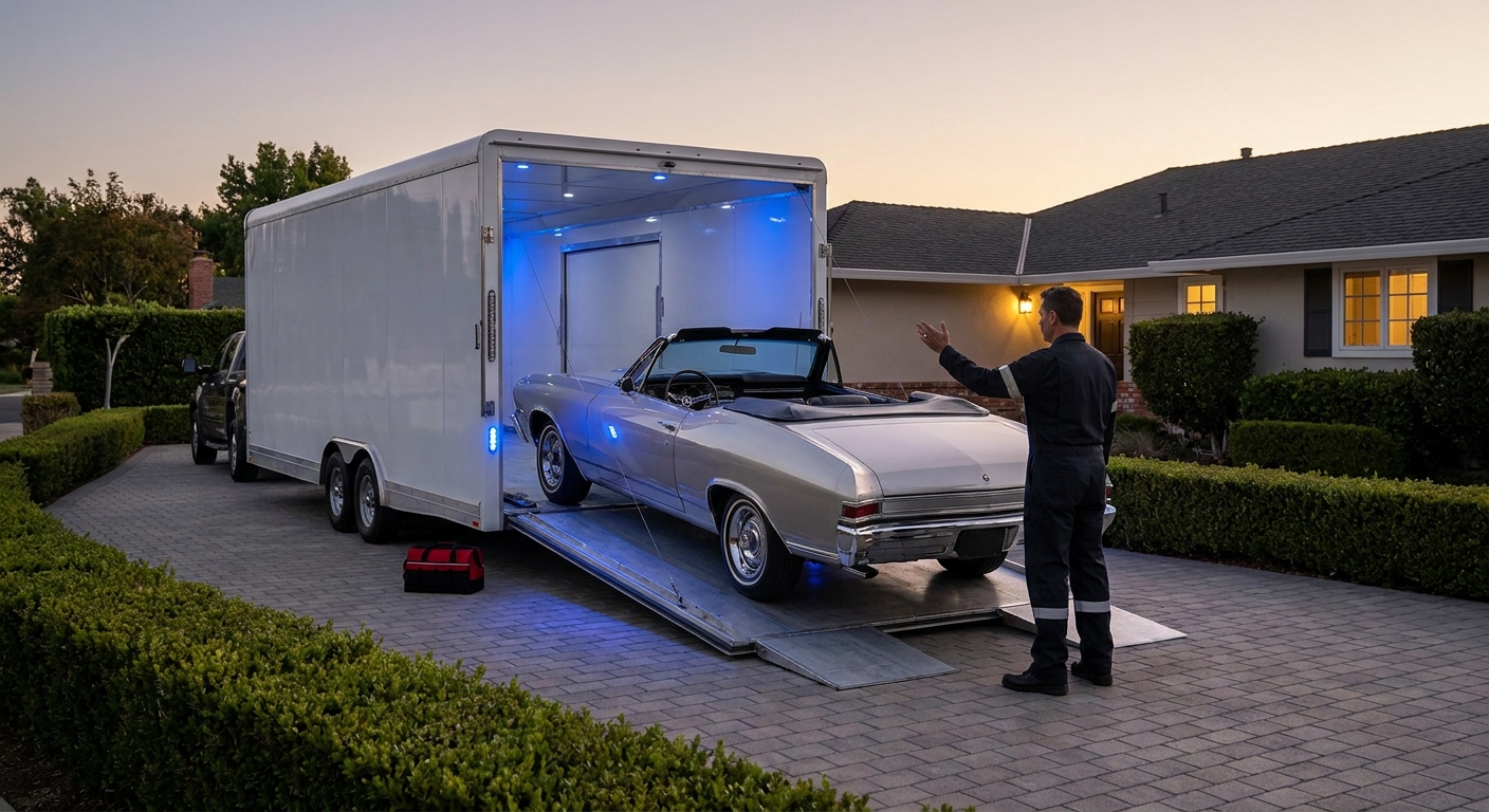enclosed car carrier loading a classic vehicle for nationwide transport.