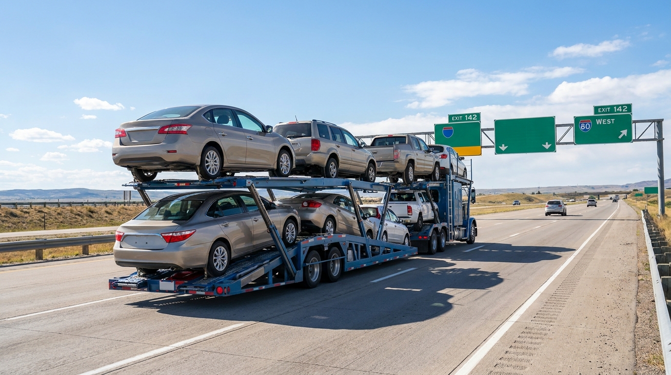 open auto transport carrier loaded with multiple vehicles on a US highway.