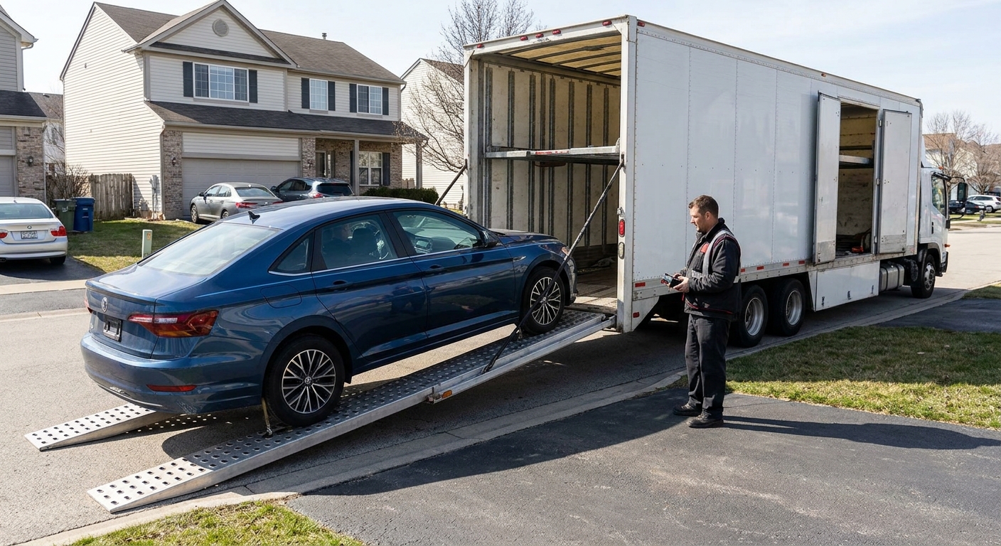 car being loaded onto open auto transport trailer for coast to coast shipping.