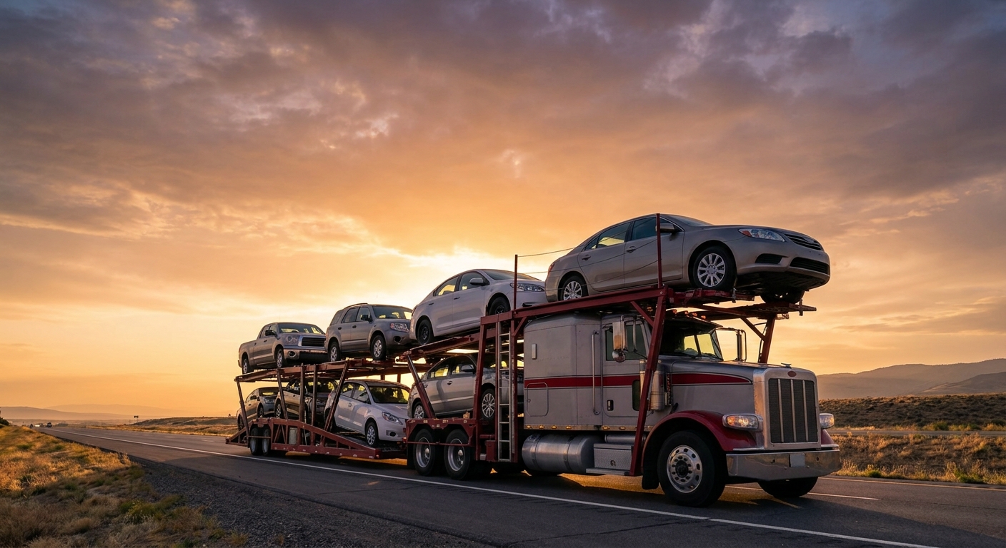 open carrier truck transporting vehicles door to door across the country.