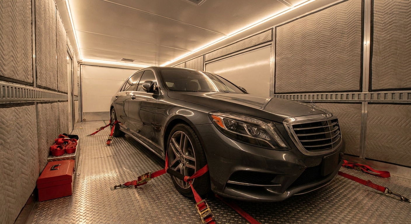enclosed car transport trailer interior with secured luxury vehicle for door-to-door shipping.