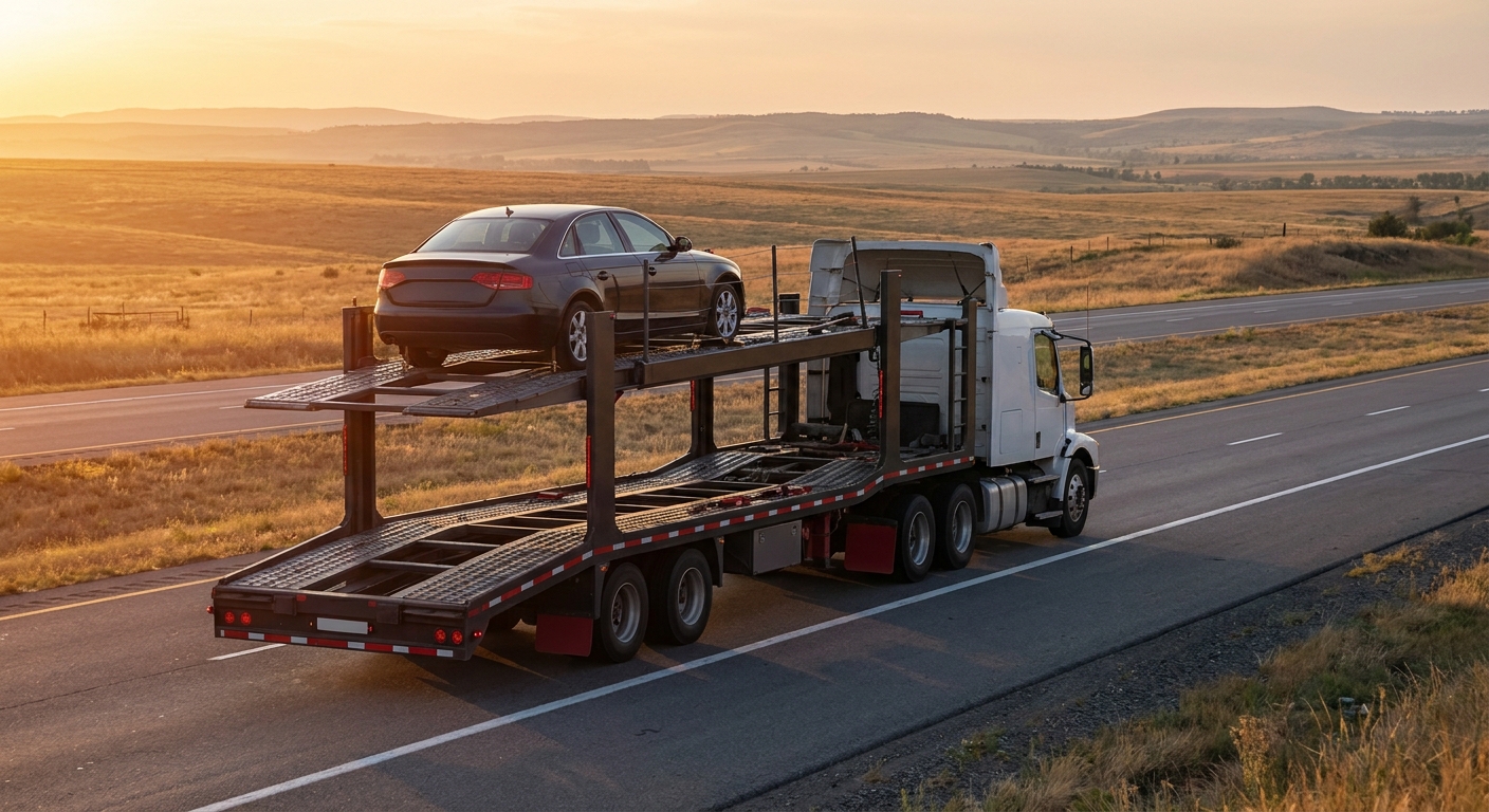 door to door auto transport carrier on open highway.