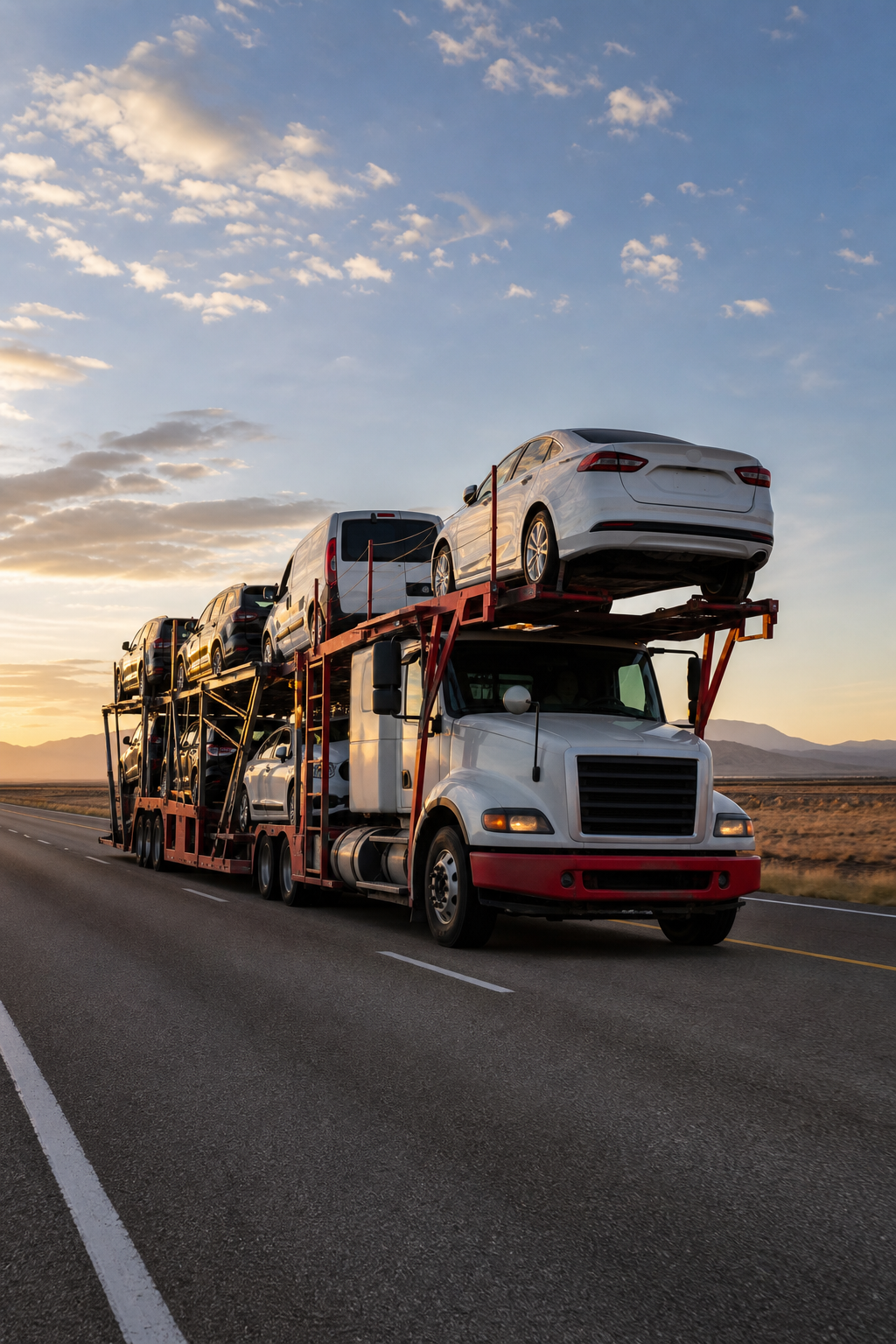 nationwide door-to-door car transport carrier on US highway.