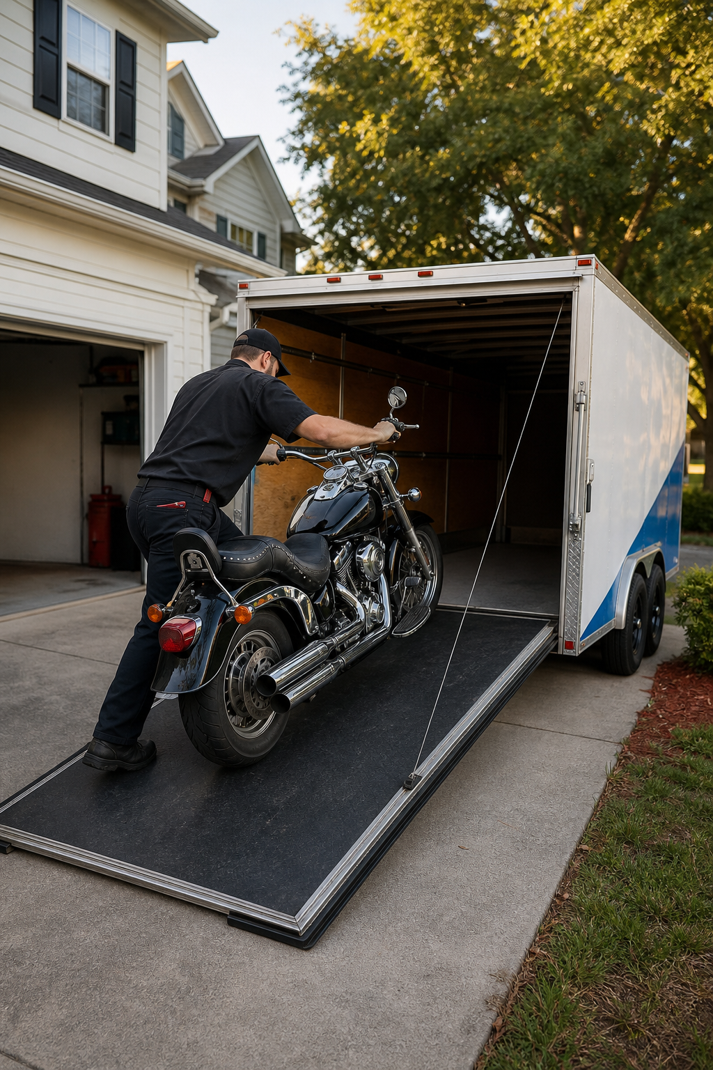 door to door motorcycle shipping service loading a cruiser onto an enclosed trailer.