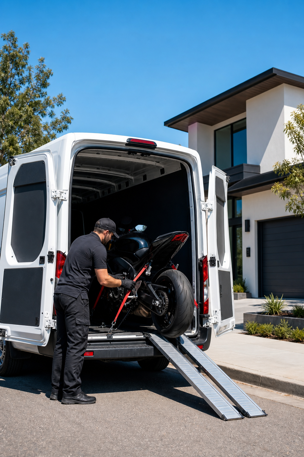 expedited door to door motorcycle shipping with soft-strap loading at residential pickup.