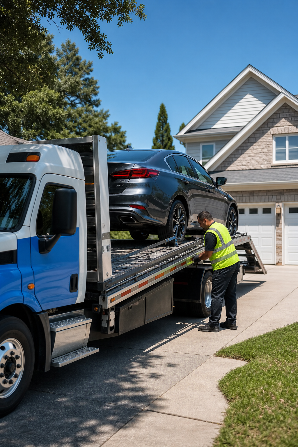door-to-door vehicle transport carrier loading a car at a residential address.