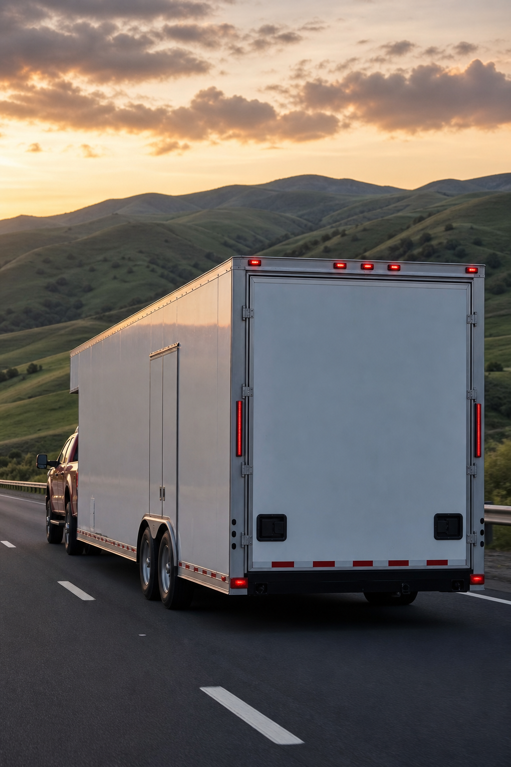 enclosed vehicle transport trailer traveling nationwide on a highway.