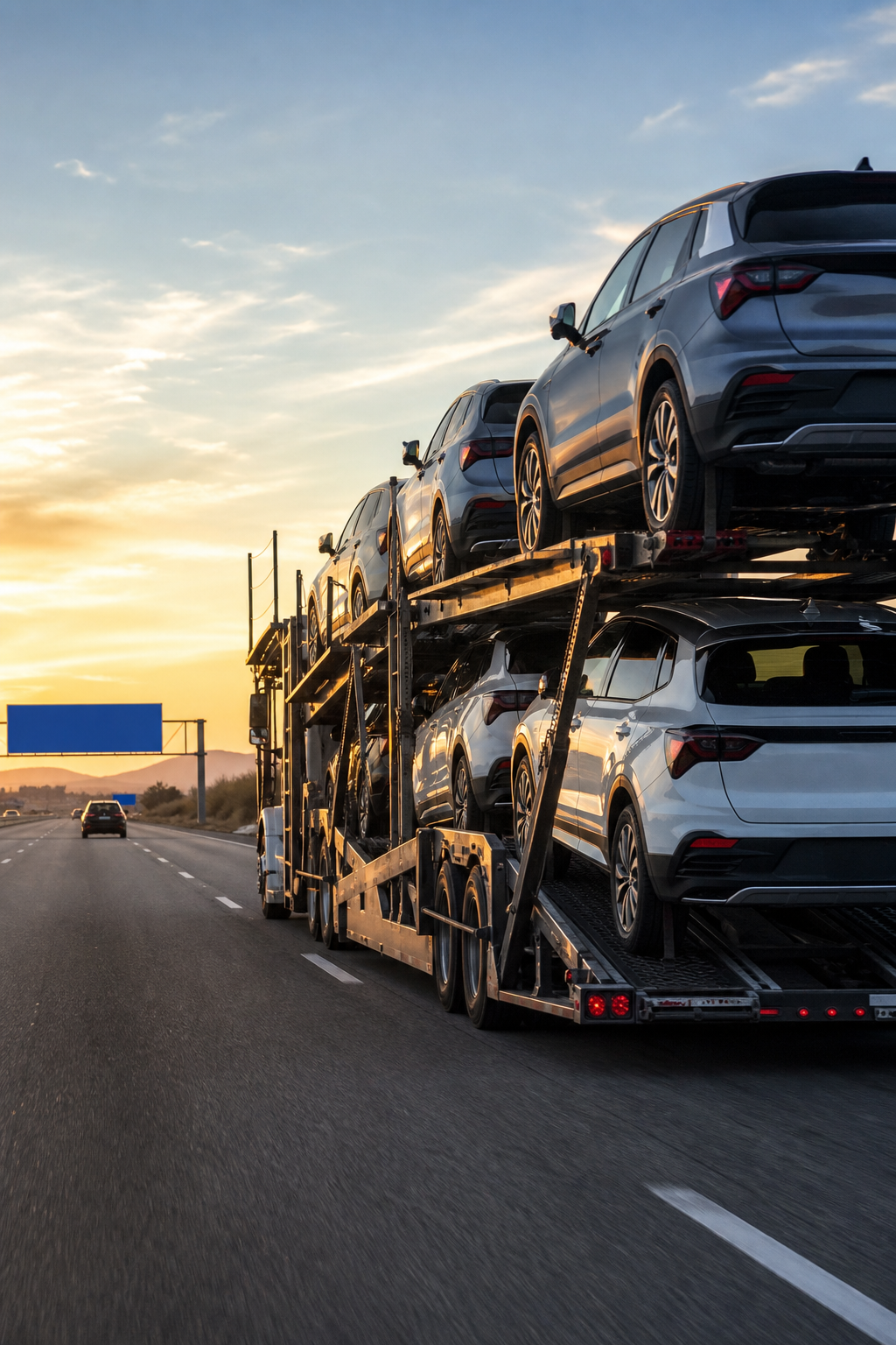 open car carrier truck shipping cars cross country on a US highway.