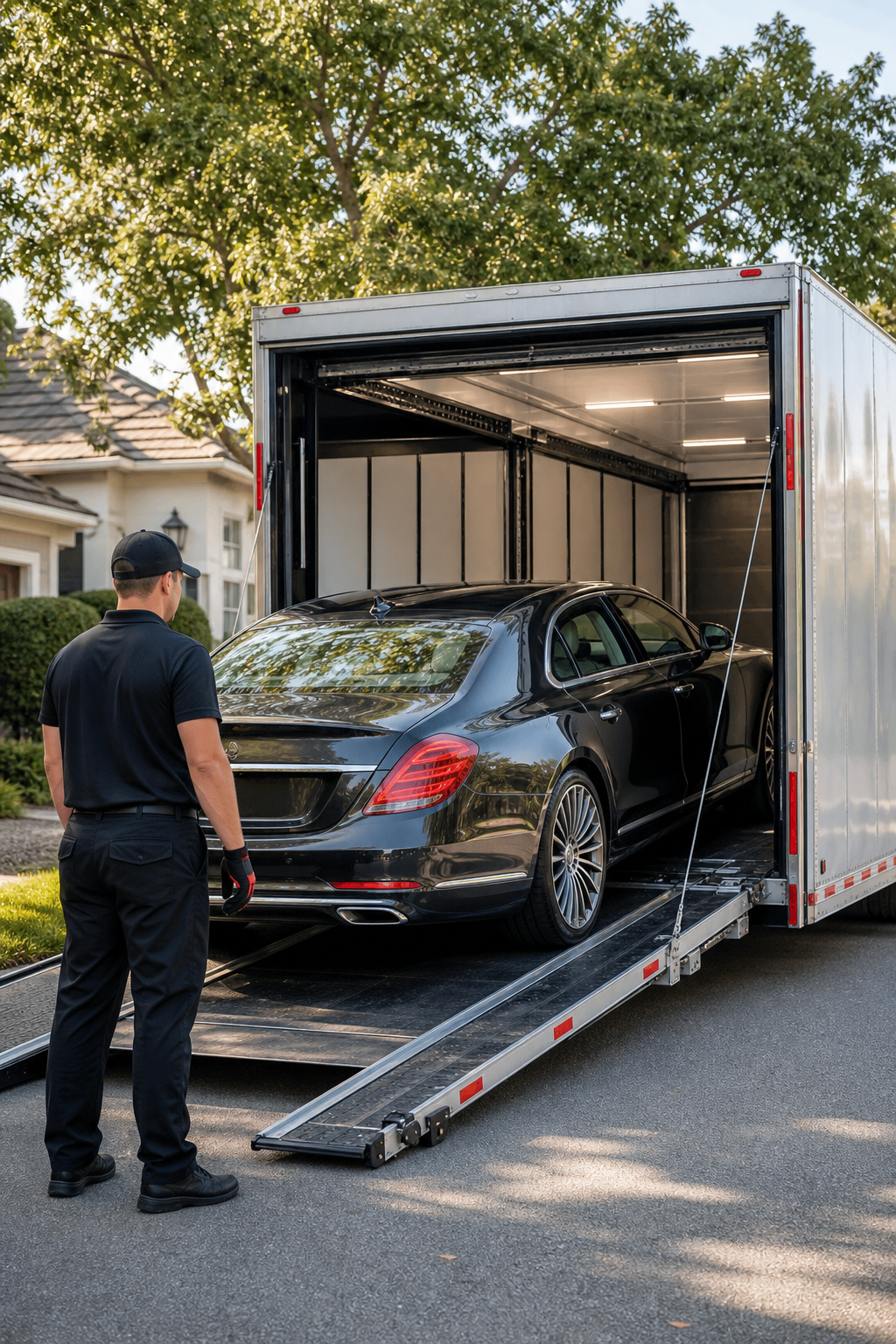 enclosed car transport trailer loading a vehicle for cross country shipping.