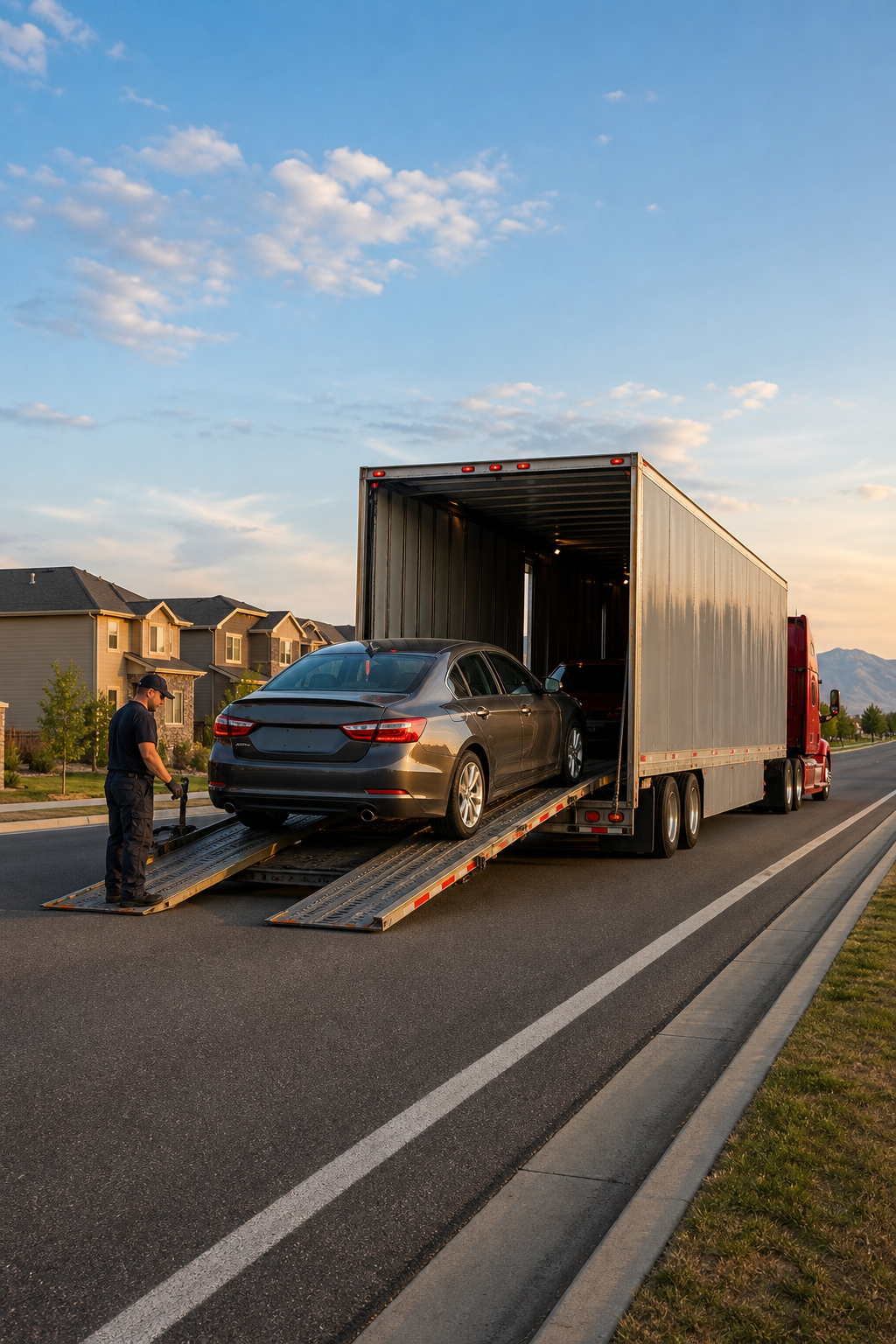 door-to-door car shipping service loading a vehicle onto a transport carrier.