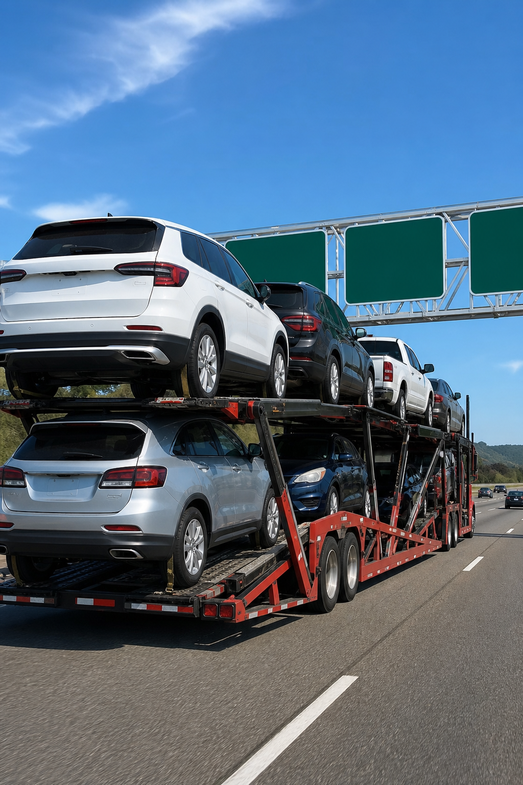 open car transport trailer carrying multiple vehicles on a highway for budget car shipping.