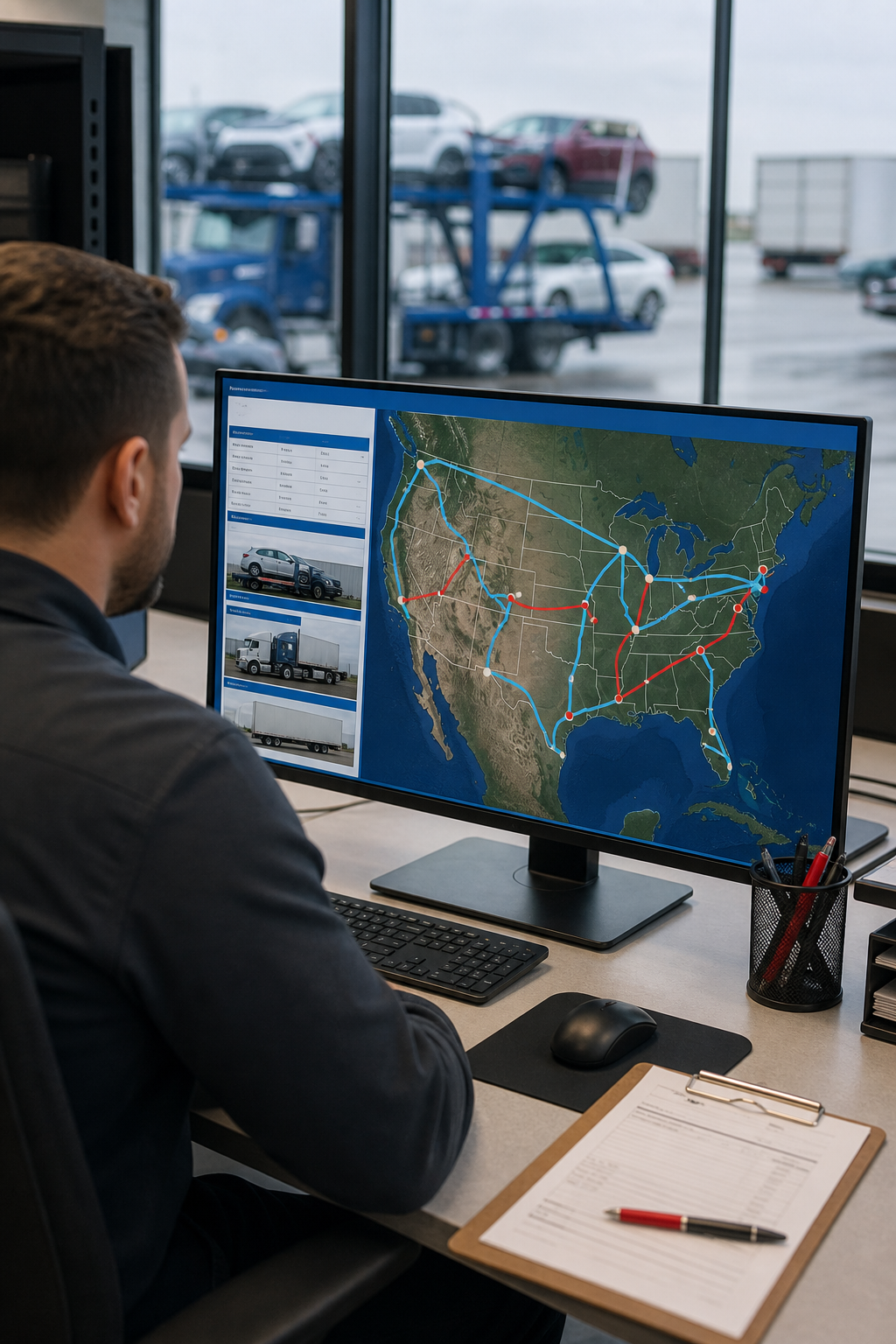 car shipping cost calculator factors shown on dispatch monitor with US route map.