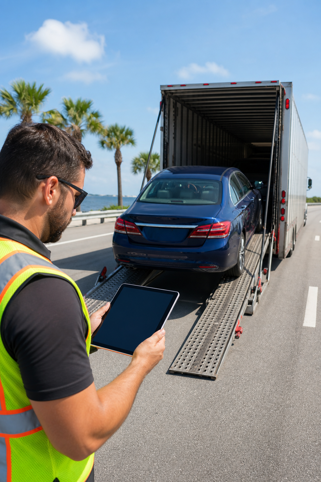 auto transport calculator instant quote tool shown on tablet near car carrier.