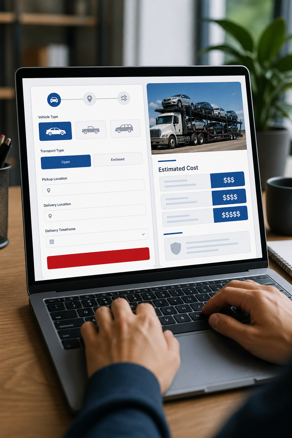 car shipping cost estimator tool on laptop screen for auto transport calculator research.