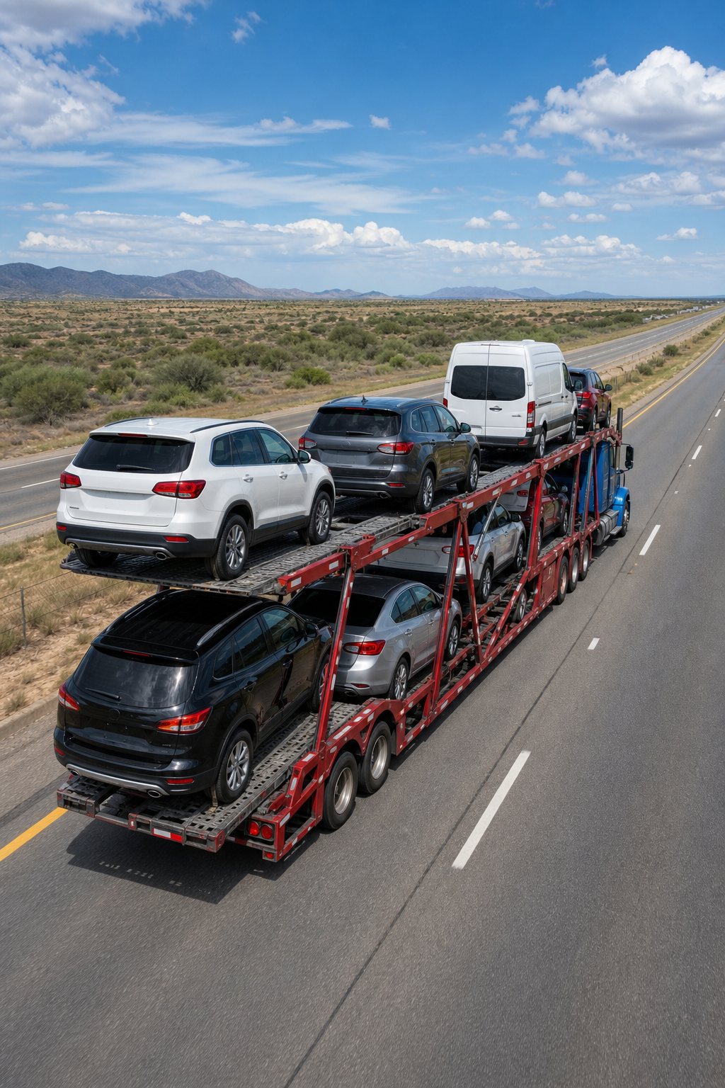 car transport truck shipping vehicles across state lines on an open highway.