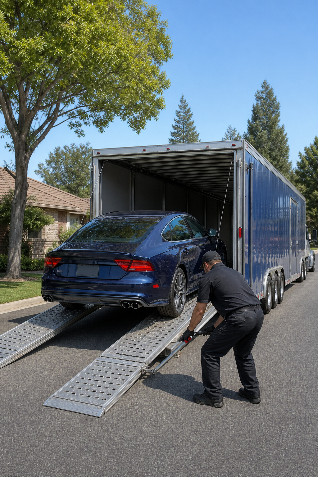 car being loaded onto enclosed auto transport trailer for expedited shipping to another state.