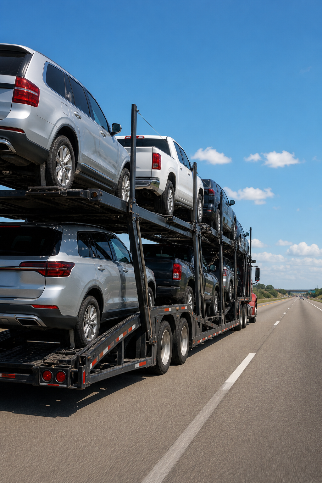 open car transport trailer carrying multiple vehicles nationwide on a highway.