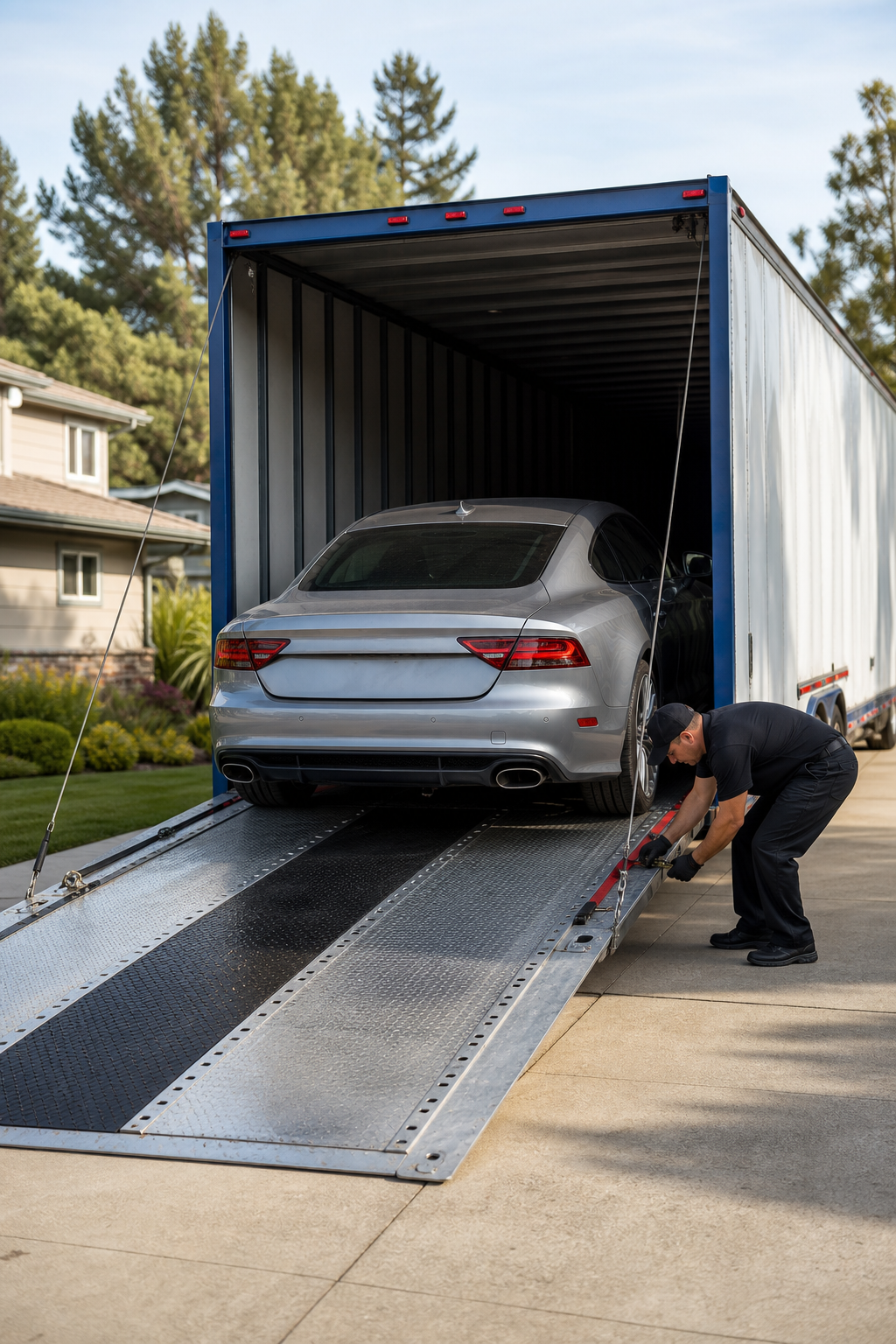 enclosed auto transport trailer loading a vehicle for nationwide car shipping.
