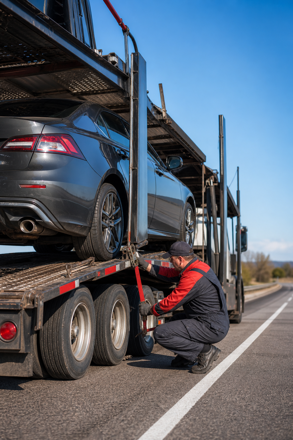 expedited interstate car shipping loading process on open carrier trailer.