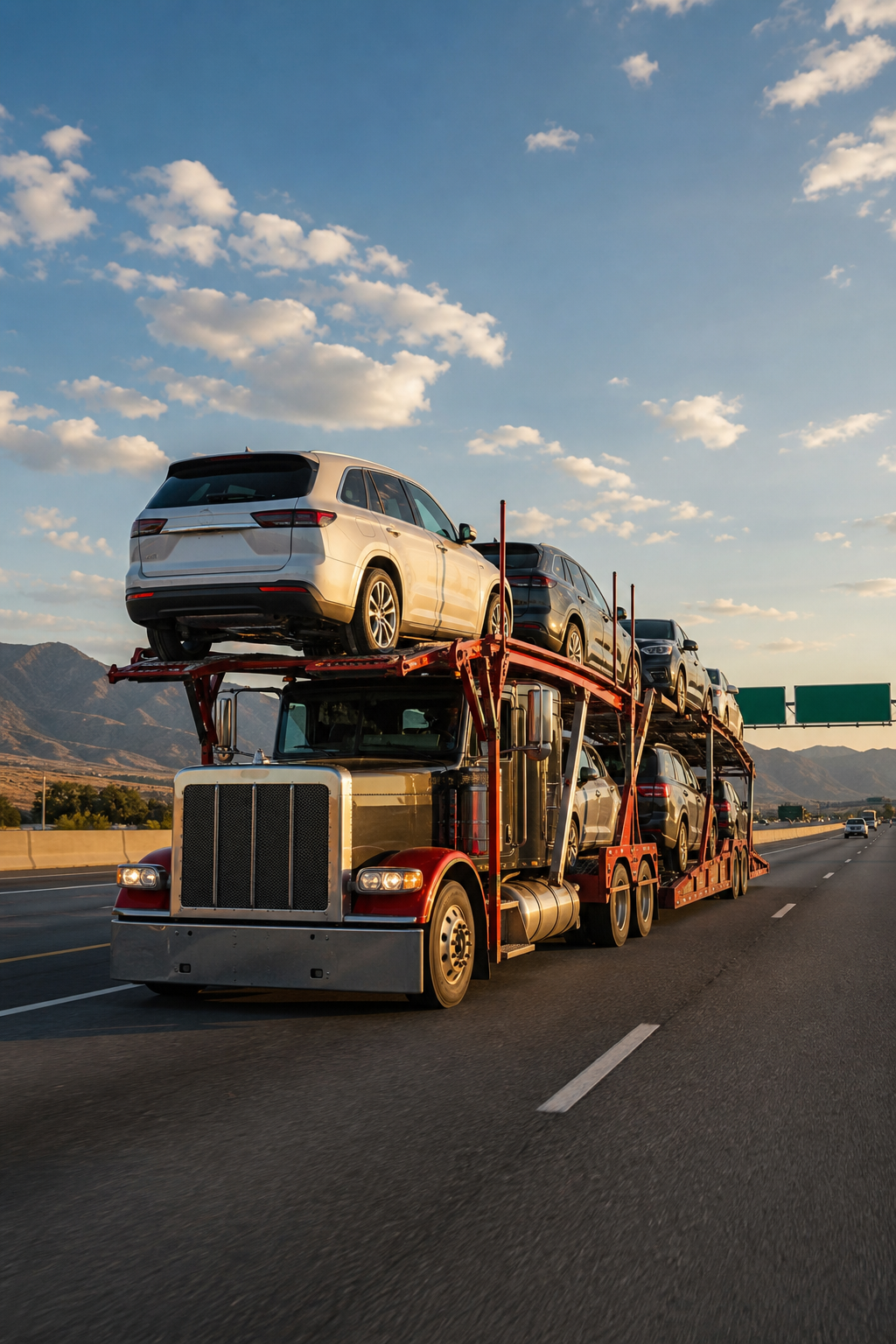 long distance car shipping truck on a US highway.