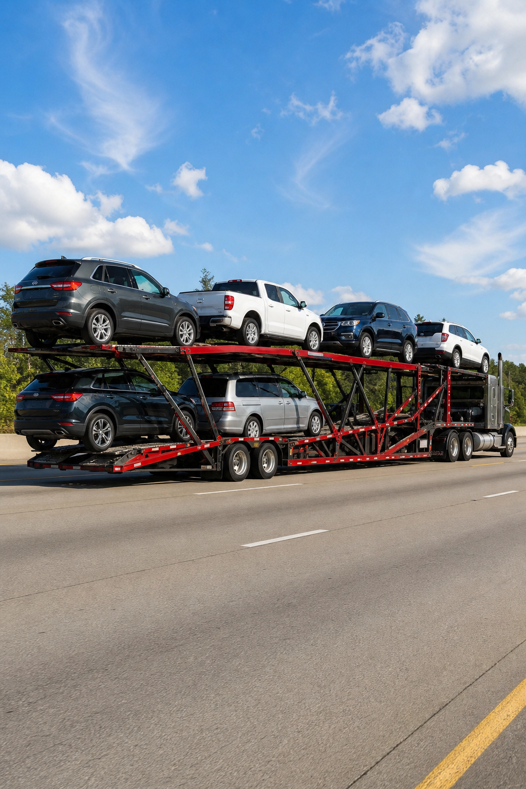 open trailer car transport carrier on a US interstate.