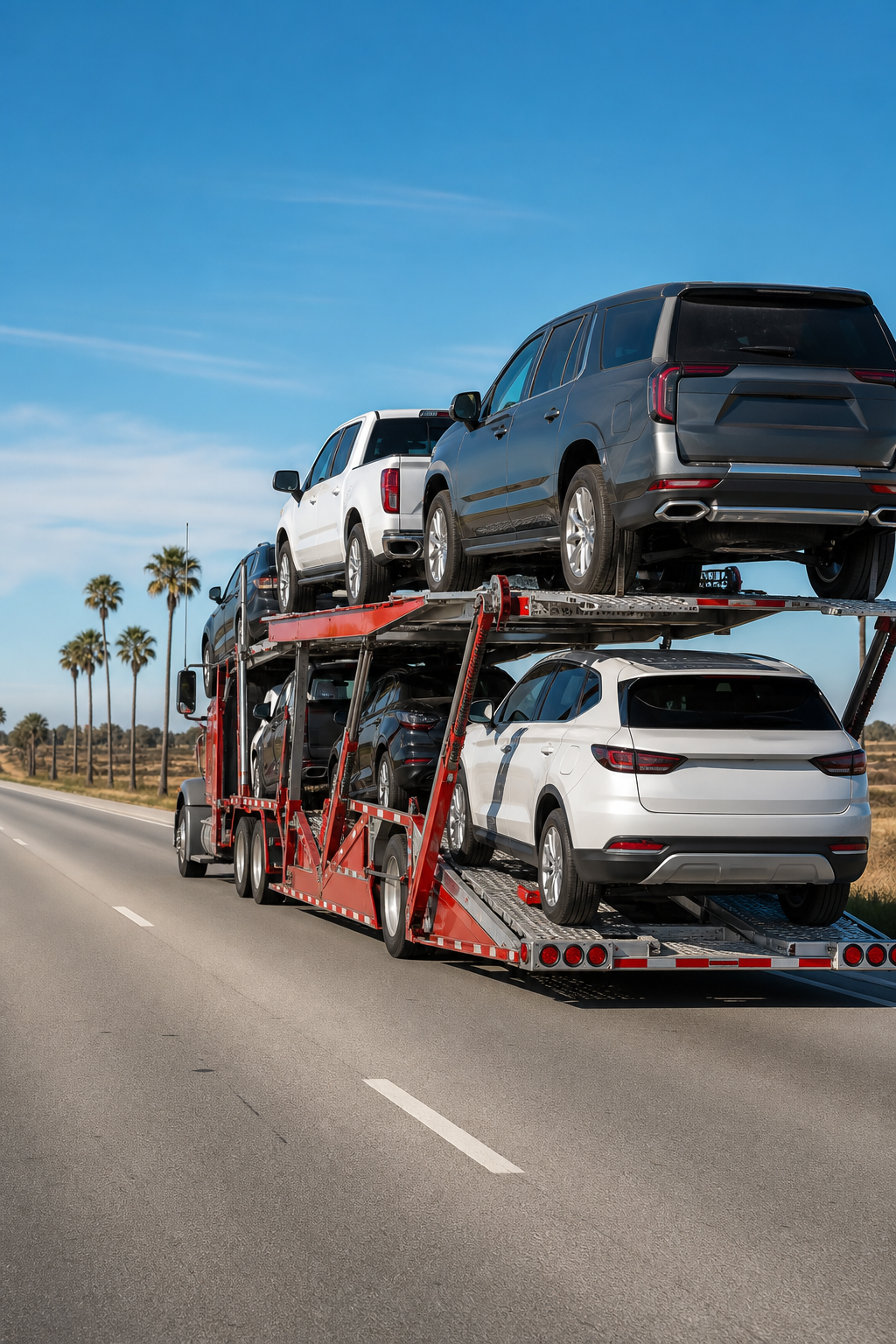 open carrier auto transport truck on a sunny highway for snowbird seasonal vehicle shipping.