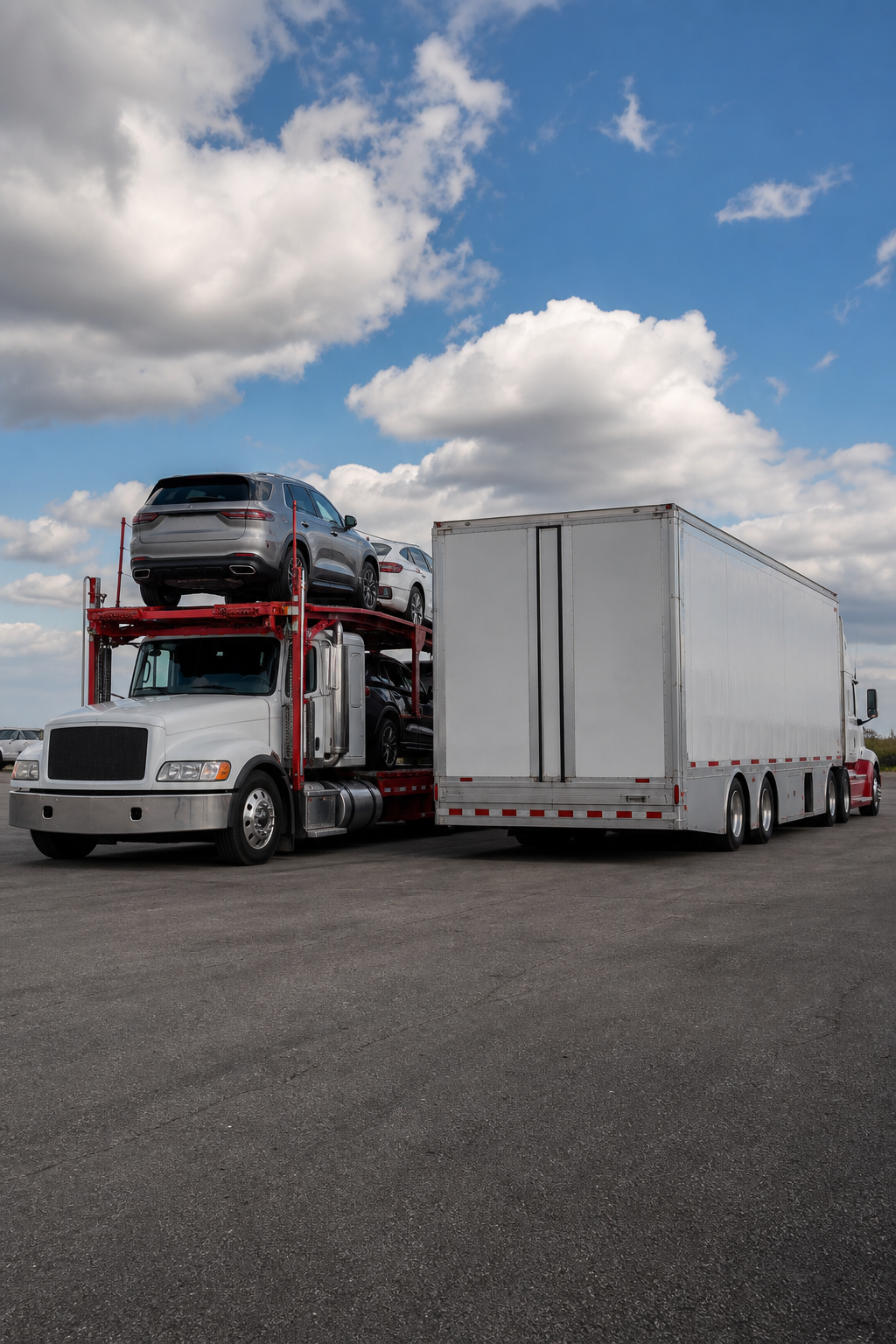 open and enclosed auto transport carriers at a nationwide vehicle shipping yard.