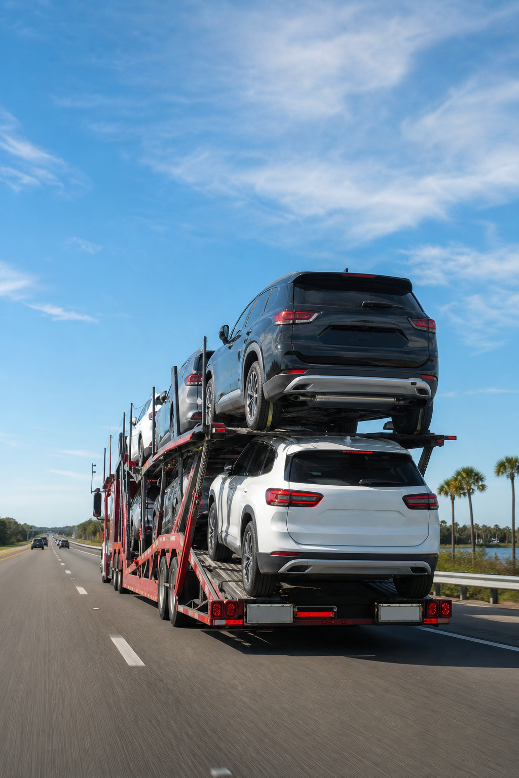 open transport truck carrying cars for snowbird seasonal shipping on a Florida highway.