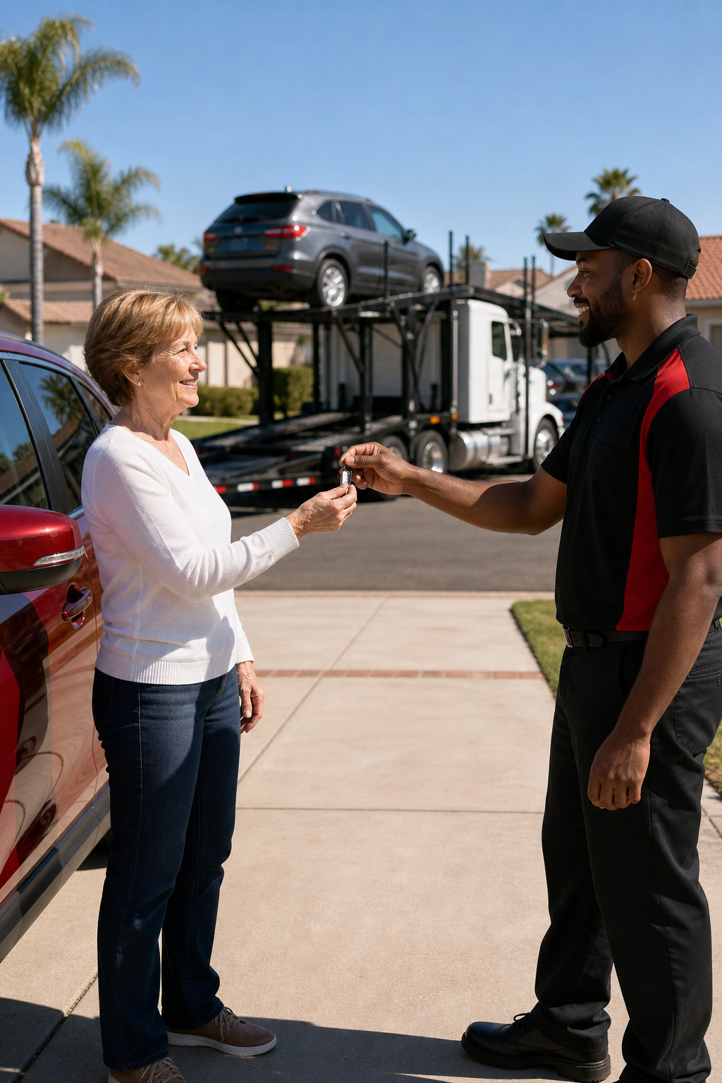 door-to-door car shipping delivery at a residential home for a snowbird seasonal move.