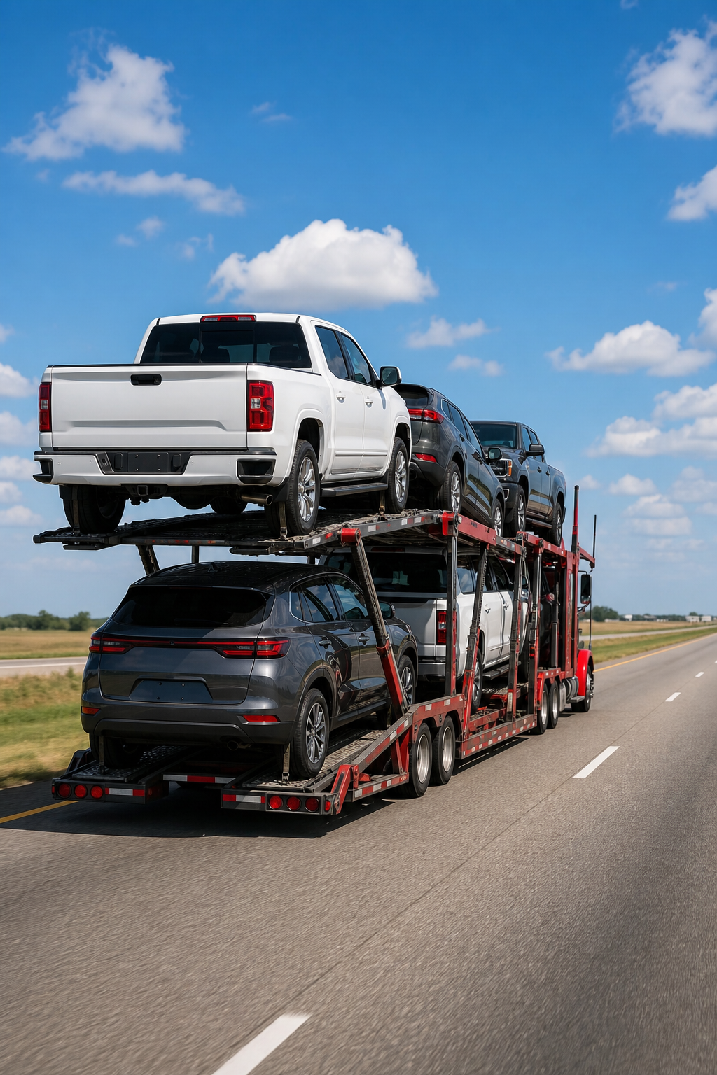 open car carrier truck shipping vehicles from California to Texas on an interstate highway.