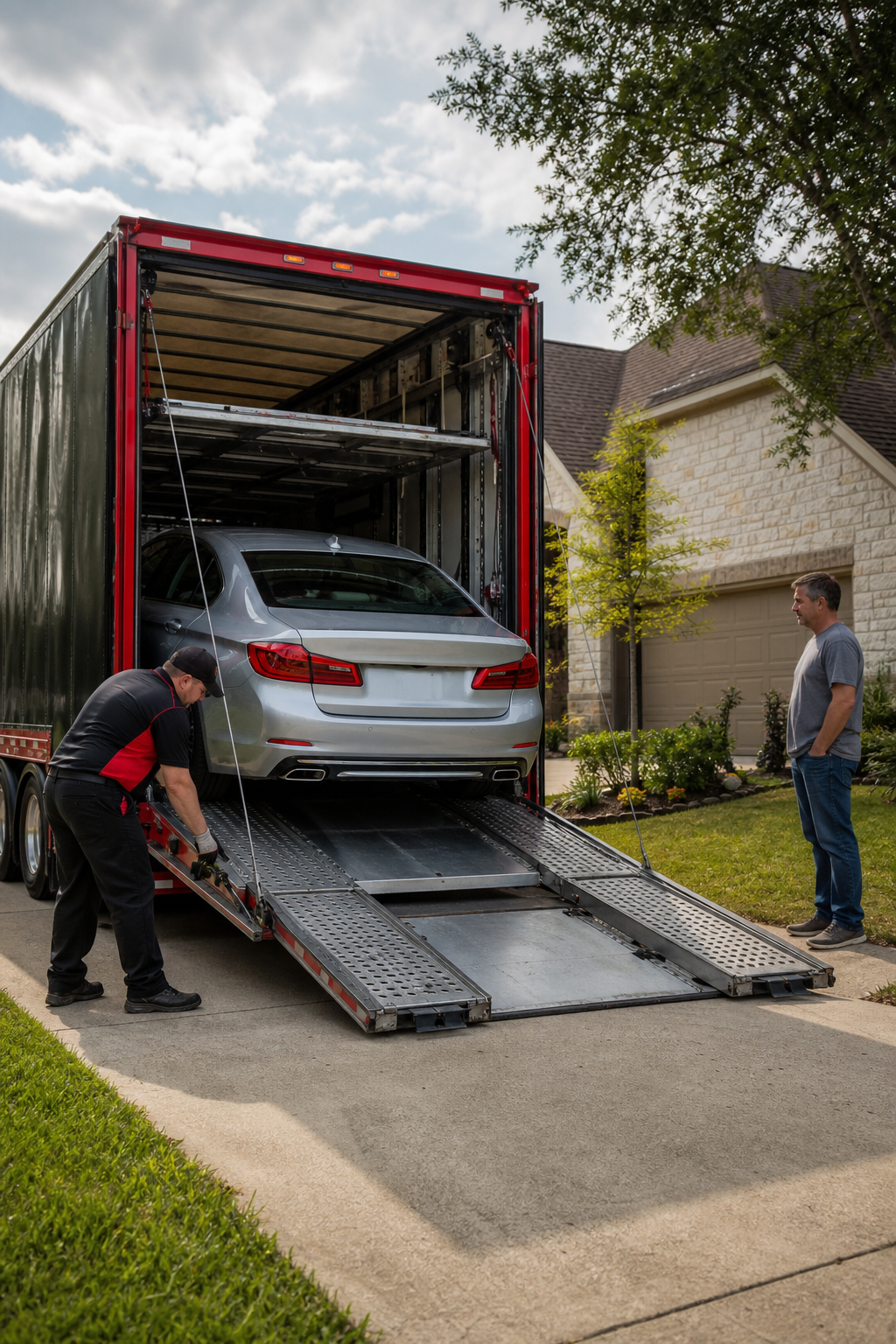 door-to-door car shipping delivery at a residential address in Texas.