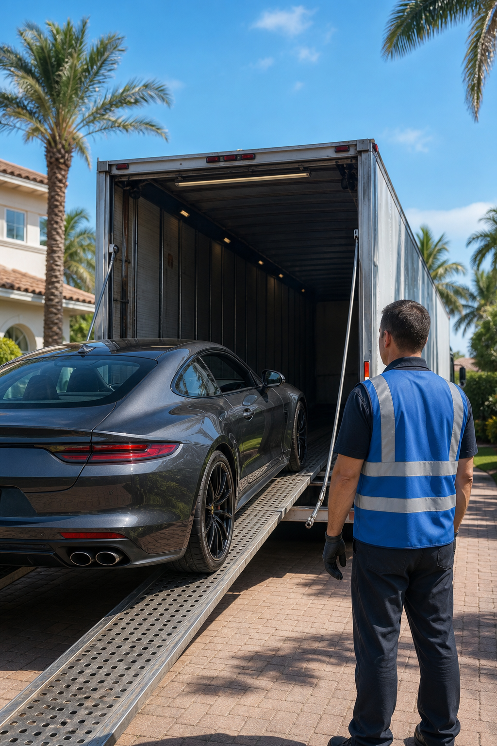 car being loaded for door-to-door shipping from Florida to New York.