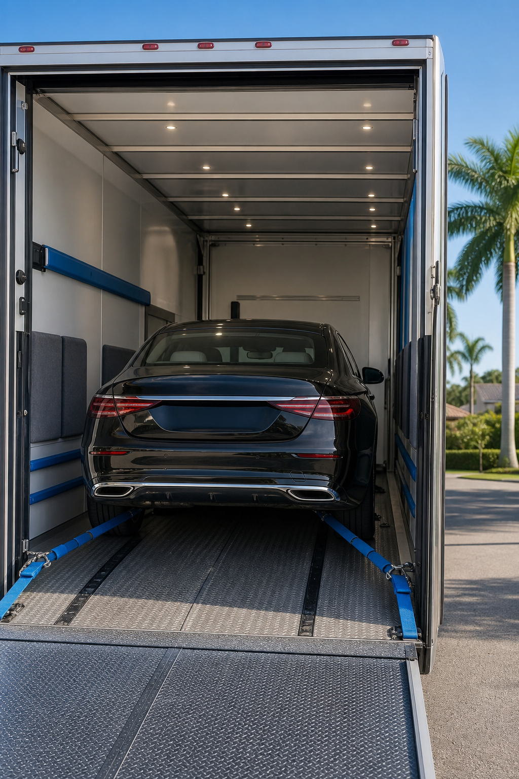 enclosed car shipping from California to Florida protecting a high-value vehicle during transit.