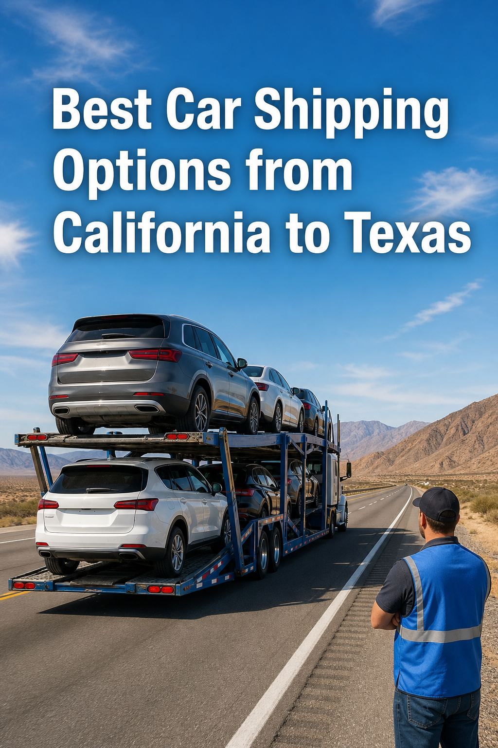 car shipping California to Texas open carrier transport on interstate highway.