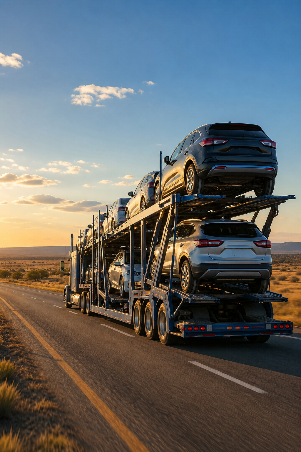 car carrier truck shipping vehicles from Texas to California on an open highway.