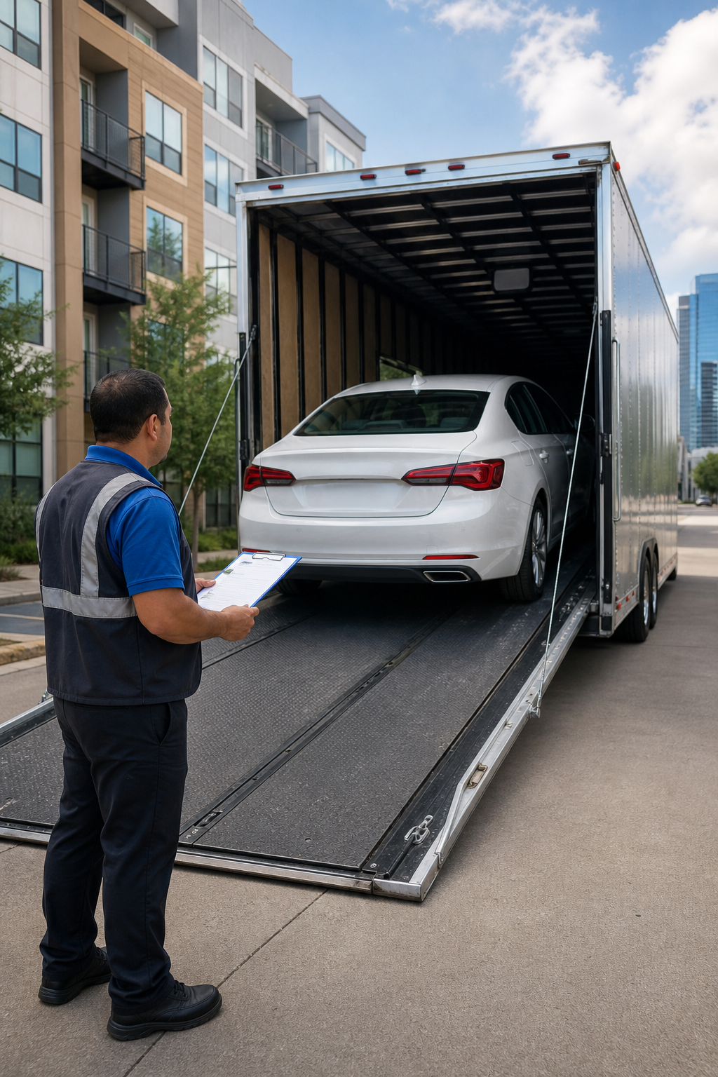 vehicle being loaded onto an auto transport trailer for shipping from Texas to California.