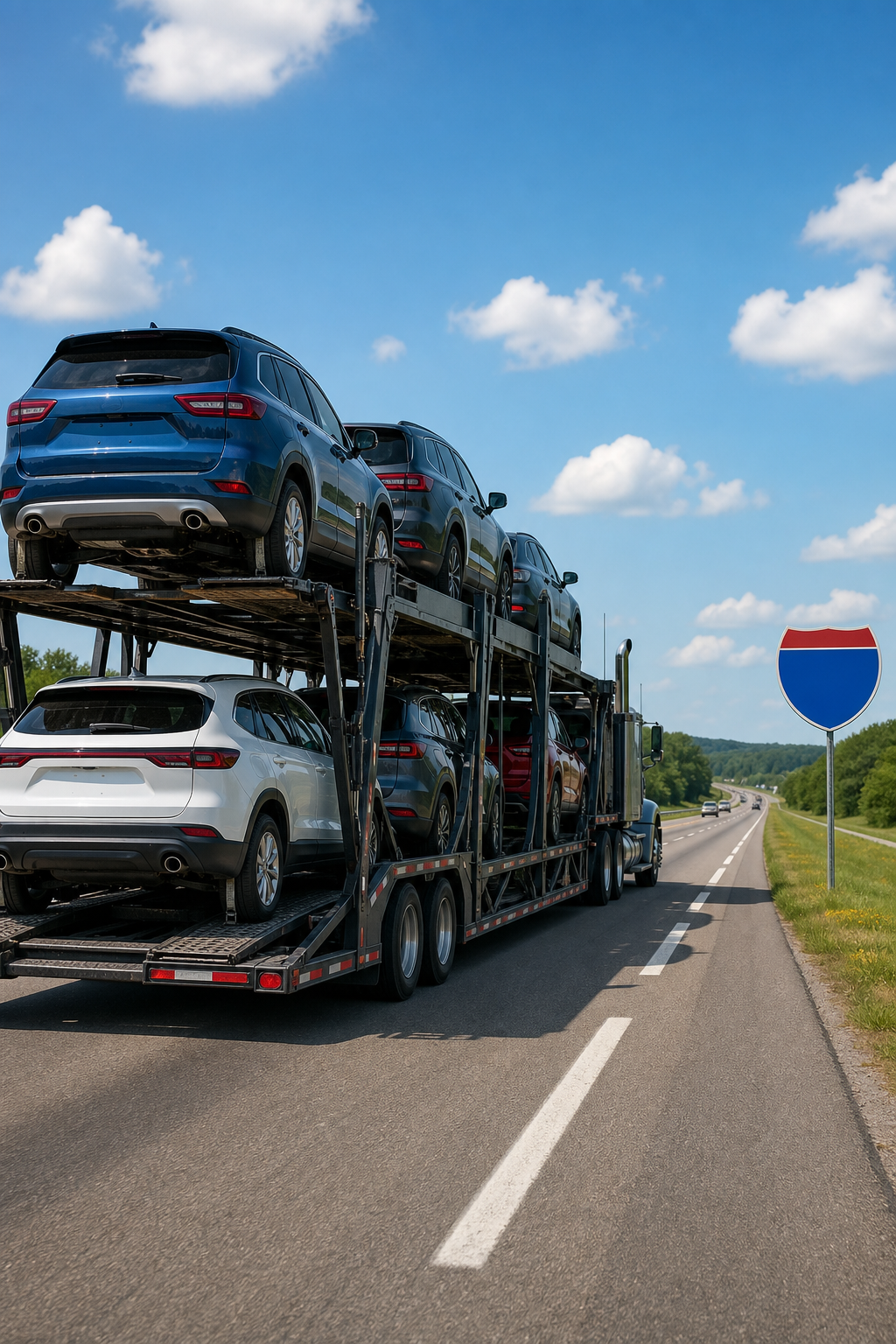 open car transport trailer shipping vehicles from Florida to Michigan on interstate highway.