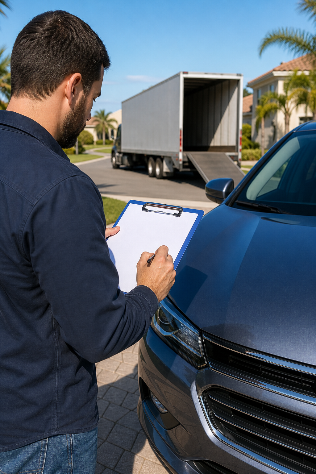 person reviewing car shipping checklist before vehicle pickup for Florida to Michigan transport.