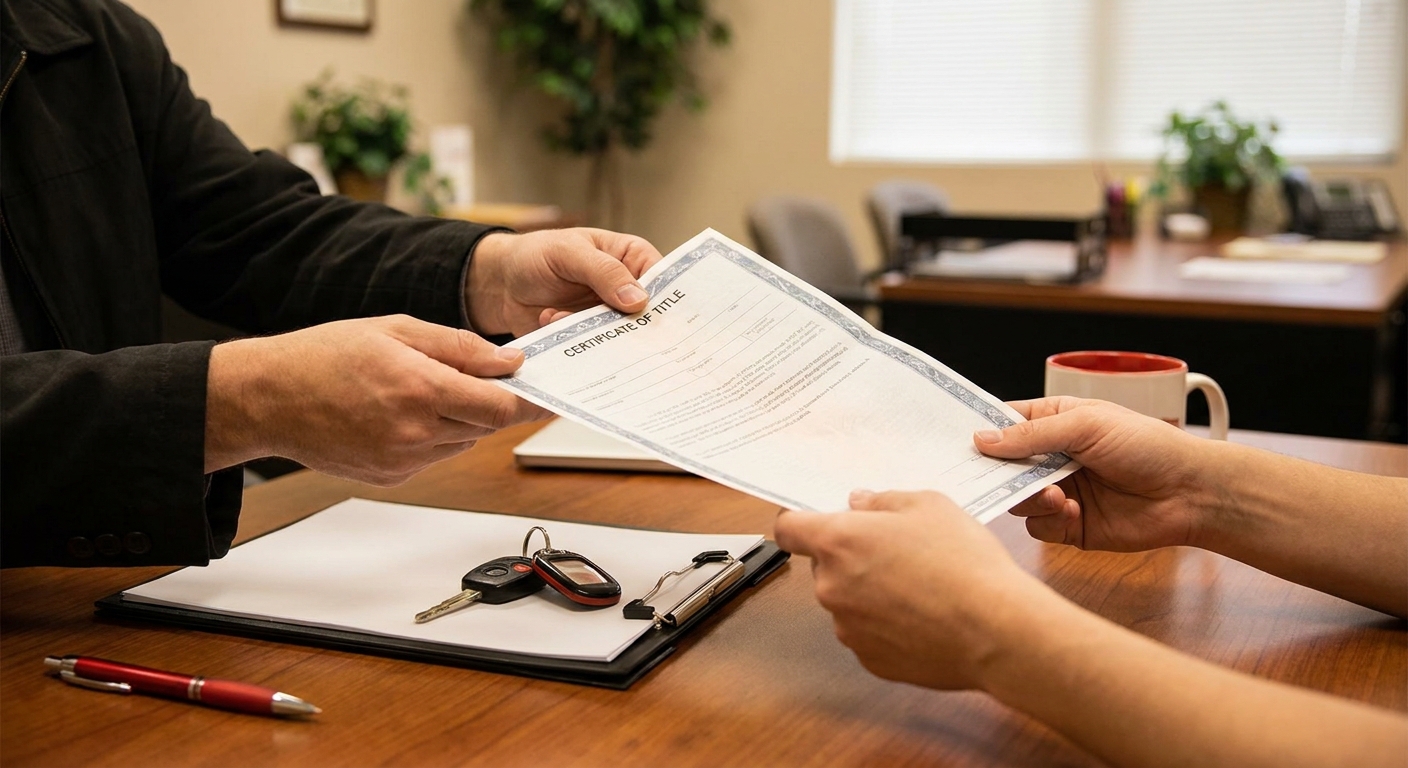 person using car as collateral for a title loan at a lending office.