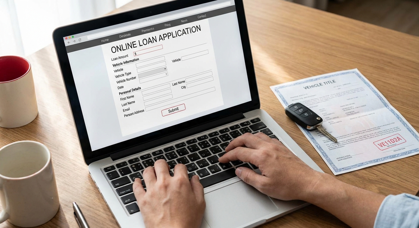 person applying for a peer-to-peer loan using car as collateral on a laptop.