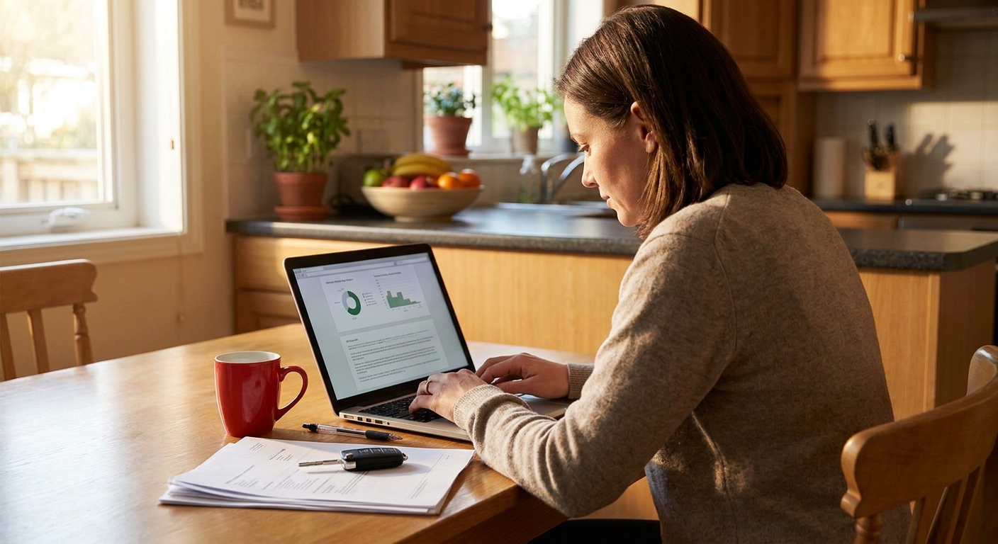 person comparing online title loan options on laptop at home.