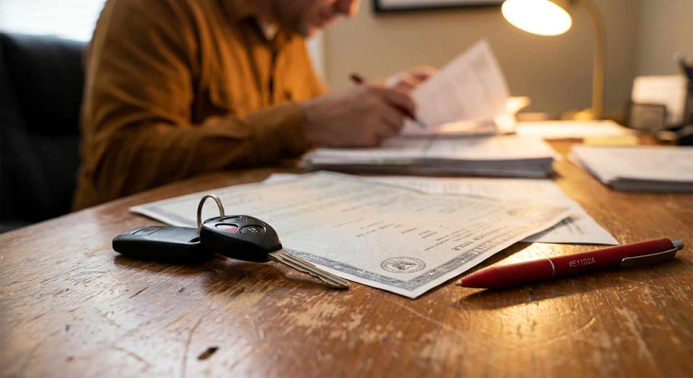 car title document and key on desk representing a title loan application.