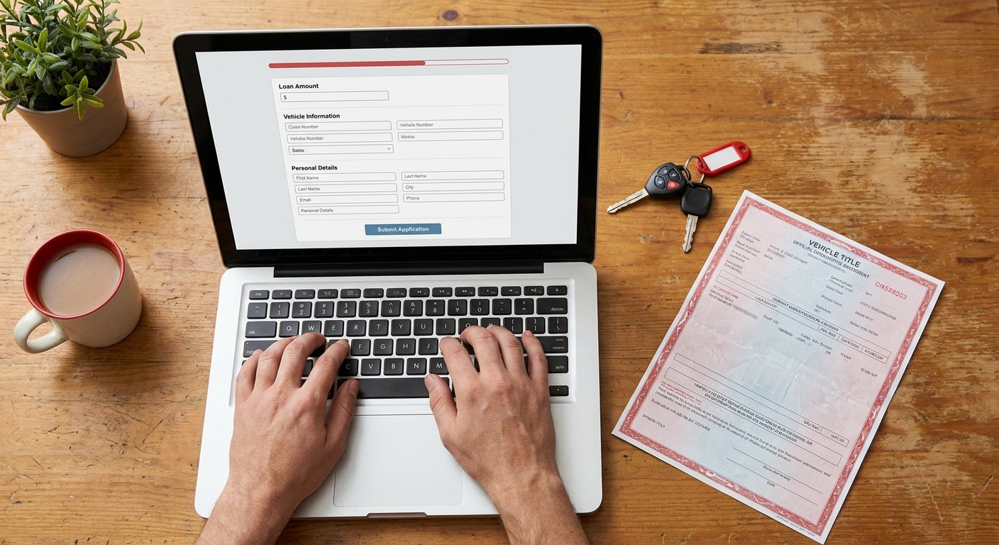 completing an online car title loan application from home.